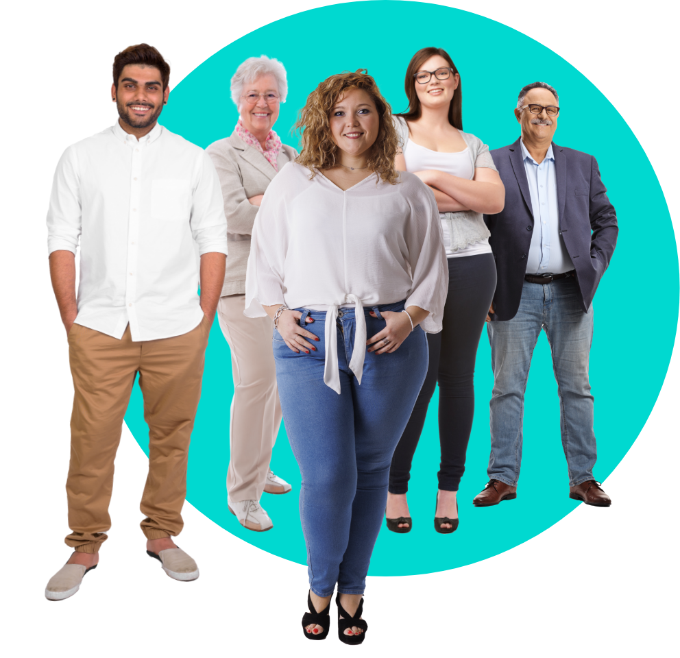 4 people standing against a white circle backdrop, looking towards the camera and smiling