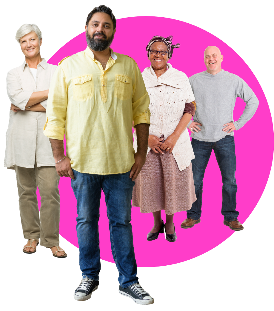 4 people standing against a white circle backdrop, looking towards the camera and smiling