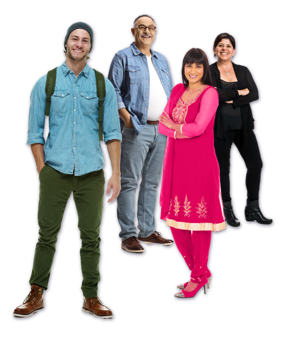 4 people standing against a white circle backdrop, looking towards the camera and smiling