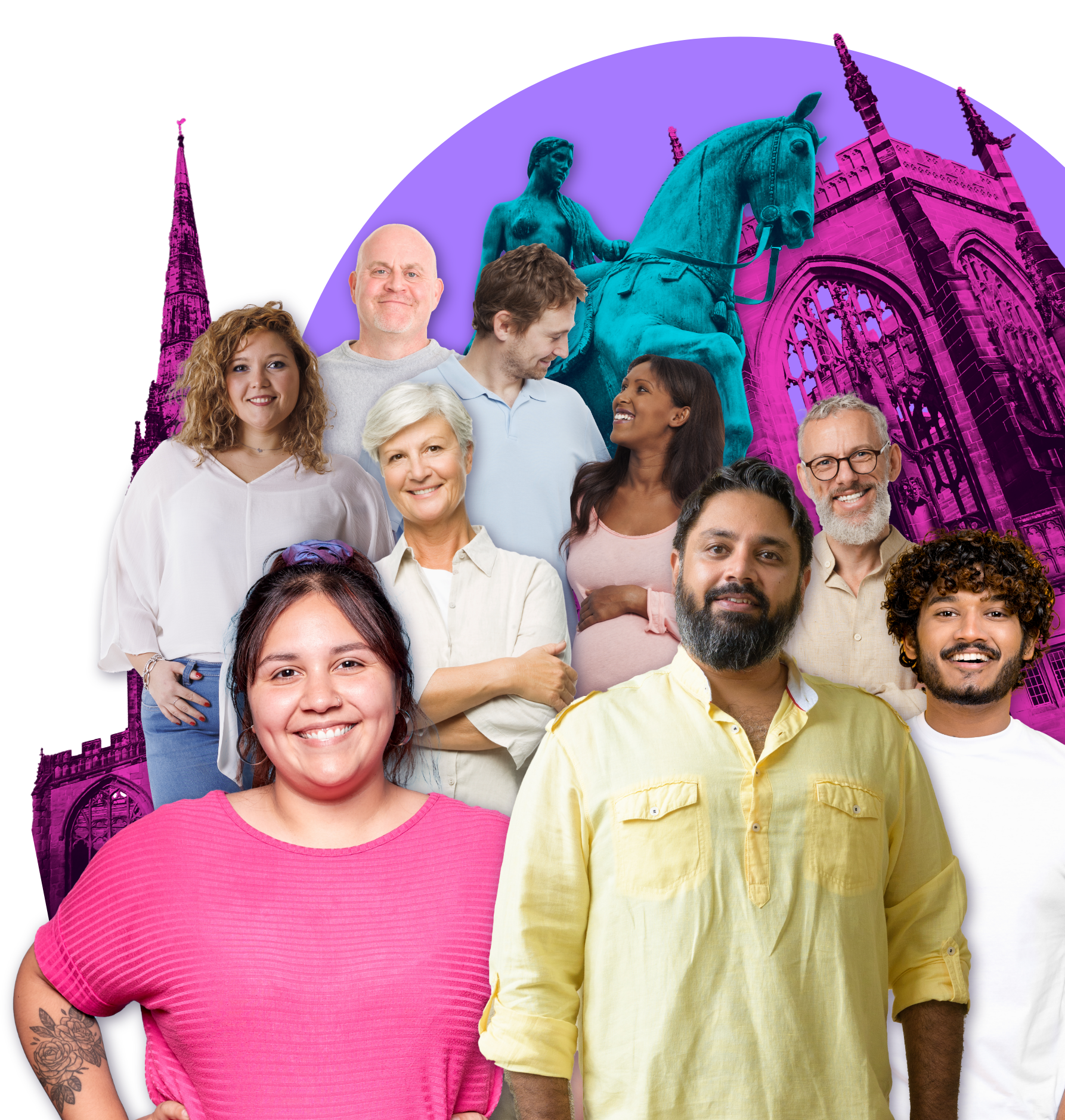 A group of colourful individuals standing together looking towards you on a backdrop of Coventry landmarks